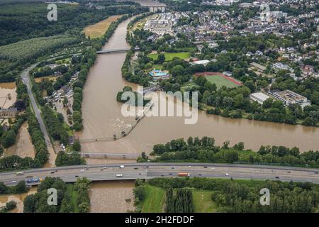 Fotografia aerea, alluvione della Ruhr, estuario del Volme, alluvione, Boele, Hagen, zona della Ruhr, Renania settentrionale-Vestfalia, Germania, DE, Europa, vista degli uccelli, aerea Foto Stock