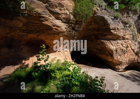 Gutmans Cave (Gutmanis Cave) nel Parco Nazionale di Sigulda - grotta con iscrizioni di intaglio risalenti al XVII secolo - Sigulda, Lettonia Foto Stock