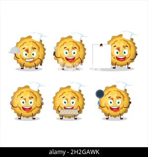 Personaggio cartoon di crostata di crema con varie emoticon chef. Illustrazione vettoriale Illustrazione Vettoriale