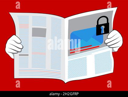 Giornale di lavoro con invio criptato e-Mail protezione blu sicuro mail internet simbolo come titolo. Illustrazione di un cartoon vettoriale. Illustrazione Vettoriale