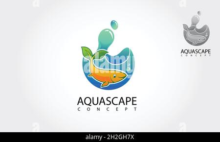 Illustrazione del logo Aquascape Vector. Modello con logo Nature Aquarium Fish. Simbolo del logo Fish and Leaves. Illustrazione Vettoriale