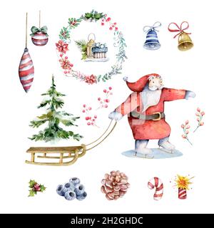 Natale Babbo Natale alberi invernali, slitta e spruces. Albero scandinavo di natale disegnato a mano su sfondo bianco. Foto Stock