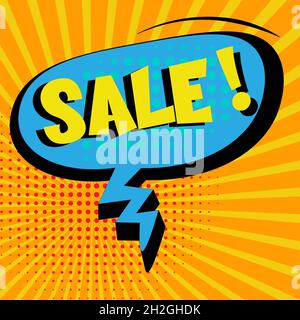 Vendita Comic Speech Bubble su sfondo sunburst e mezzitoni Illustrazione Vettoriale