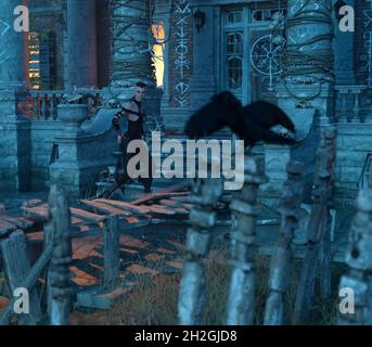 Orrore vampiro femminile vicino alla casa abbandonata. Halloween. rendering 3d. Foto Stock