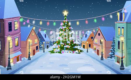 strada invernale della città in cartone animato Illustrazione Vettoriale