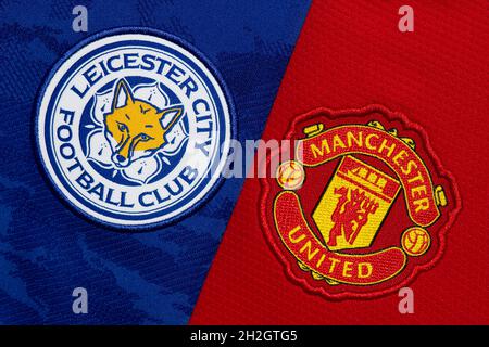 Primo piano di Leicester e Man United club crest. Foto Stock