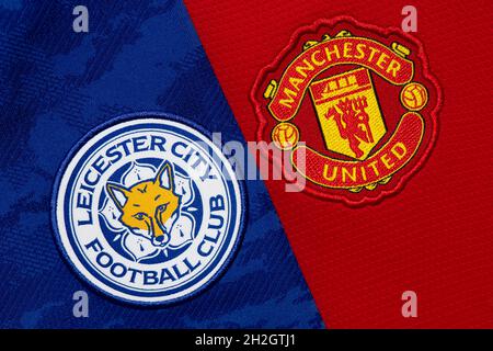 Primo piano di Leicester e Man United club crest. Foto Stock