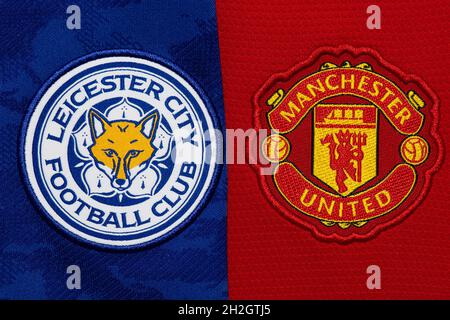 Primo piano di Leicester e Man United club crest. Foto Stock