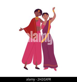 Le donne indiane in danza sari tradizionale nazionale. Illustrazione Vettoriale