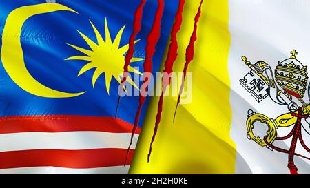 Bandiere malesi e vaticane con concetto di cicatrice. Flag di ondulazione,rendering 3D. Concetto di conflitto tra Malesia e Vaticano. Malaysia concetto di relazioni con il Vaticano. fla Foto Stock