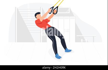 Adatta l'uomo che si sta allenando su trx facendo esercizi di peso corporeo. Allenamento fitness Strength Illustrazione Vettoriale