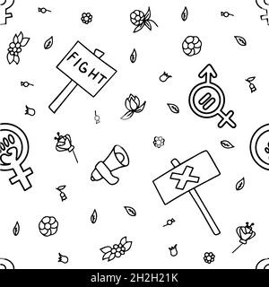 Il modello senza cuciture spandiera segni di femminismo, diritti delle donne. Grunge icone vettoriali disegnate a mano di simboli di protesta del Feminismo Un rally per combattere per il voto Illustrazione Vettoriale