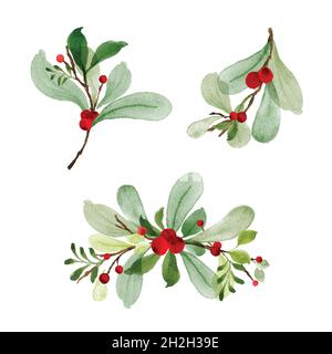 Acquerello di Natale di bouquet bacche e foglie verdi arrangiamenti set. Elementi acquerelli dipinti a mano adatti per feste decorative di Natale, Illustrazione Vettoriale