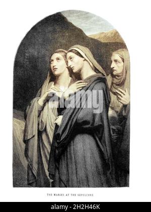 Macchina Colorizzata immagine delle tre Marie al Sepolcro da " la Bibbia della famiglia Doré " contenente l'Antico e il nuovo Testamento, l'Apocrifa abbellita con belle incisioni a pagina intera, illustrazioni e la Dore Bible Gallery. Pubblicato a Philadelphia da William T. Amies nel 1883 Foto Stock