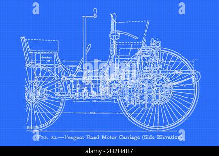 Disegno di Peugeot Road Motor Carriage (Side Elevation) dal libro ' Motor Cars; OR, Power Carries for Common Roads ' di Alexander James Wallis-Tayler, pubblicato a Londra, da Crosby Lockwood & Son 1897. La Peugeot Type 2 è il primo veicolo a benzina prodotto tra il 1890 e il 1891 dall'auto-costruttore francese Peugeot presso lo stabilimento di Valentigney. La vettura è stata presentata solo due anni dopo che Armand Peugeot si era scisso dal business della famiglia Peugeot per concentrarsi sulle automobili, con un business separato Peugeot Automobiles. Foto Stock