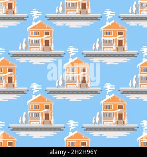 Casa con neve senza cuciture pattern su sfondo blu. Illustrazione Vettoriale