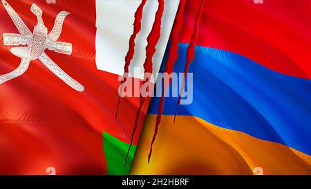 Bandiere Oman e Armenia con concetto di cicatrice. Flag di ondulazione,rendering 3D. Il concetto di conflitto tra Armenia e Oman. Oman Armenia relations concept. Bandiera di Oman An Foto Stock