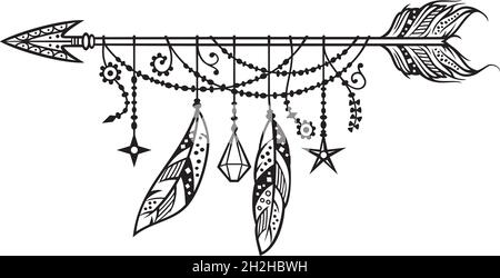 Freccia Boho con piume disegno vettoriale bianco e nero Illustrazione Vettoriale