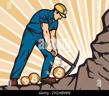 Coal Miner con pick Axe Mining Bitcoin illustrazione vettoriale monete Illustrazione Vettoriale