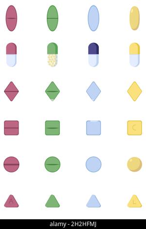 Un set di varie compresse in stile piatto, isolate su sfondo bianco. Pillole e farmaci, capsule prescritte da un medico. Illustrazione Vettoriale