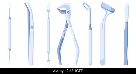 Set icone strumenti e strumenti dentali. La stomatologia fornisce un'icona vettoriale in stile piatto, isolata su sfondo bianco. Illustrazione Vettoriale