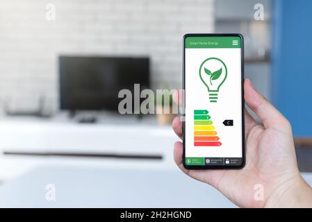 App mobile per l'efficienza energetica sullo schermo. Ecologia, concetto di eco-casa Foto Stock