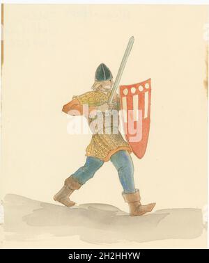 Un soldato medievale che porta una lunga spada nella sua mano destra e uno scudo nella sua sinistra, 2004. Un disegno di ricostruzione di un soldato medievale che porta una lunga spada nella sua mano destra e uno scudo nella sua sinistra. Foto Stock
