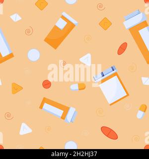 Modello senza cuciture di pillole e contenitori arancioni. Pillole e farmaci, capsule prescritte da un medico in stile piatto. Illustrazione Vettoriale