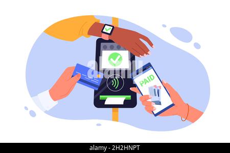 Mani con smartphone, smartwatch e carta di credito vicino a illustrazione vettoriale del terminale POS. Tecnologia chip NFC Cartoon per il pagamento degli acquisti in negozio. Concetto di pagamento senza contactless wireless Illustrazione Vettoriale