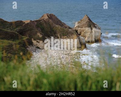 La costa calcarea delle scogliere di gesso e il paesaggio di Thornwick Bay vicino al Villaggio storico di Flamborough nello Yorkshire Orientale. Foto Stock