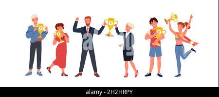 Cartoon sportswoman vincitore coppa trofeo d'oro al concorso, business persone che detiene il premio in mani. Successo, concetto di vittoria. I vincitori di Happy People con i premi First Place Set illustrazione vettoriale Illustrazione Vettoriale