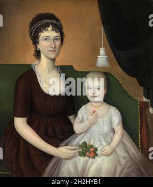 Elizabeth Grant Bankson Beatty (Sig.ra James Beatty) e sua figlia Susan, c.. 1805. Elizabeth Beatty era la moglie di un mercante di Baltimora, che possedeva la fabbrica Bellona Gunpowder. Qui indossa un abito a maniche corte con corpetto e un cerchio di perle di vetro nei capelli. Il bambino indossa un abito di mussola e tiene una fragola. Il pittore Joshua Johnson era uno schiavo liberato, e divenne il primo pittore afro-americano conosciuto ad ottenere il riconoscimento professionale negli Stati Uniti. Foto Stock