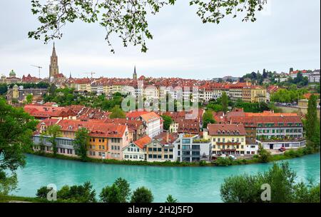 Vista aerea sul centro di Berna e sul fiume Aare Foto Stock