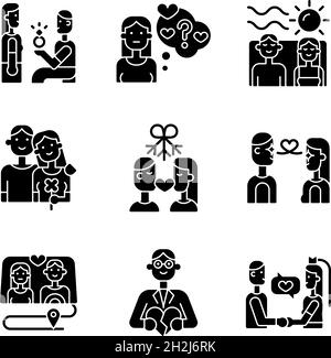 Romantico rapporto glyph nero icone impostato su spazio bianco Illustrazione Vettoriale