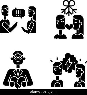 Lotta in relazione glyph nero icone impostato su spazio bianco Illustrazione Vettoriale