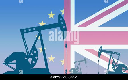 Silhouette della pompa dell'olio contro la bandiera del Regno Unito e la bandiera dell'Unione europea. Estrazione petrolio greggio e gas. Concetto di petrolio campo Foto Stock
