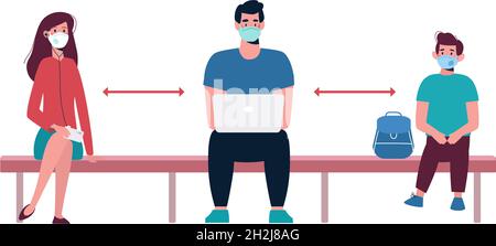 persone in maschere mediche, mantengono la loro distanza sul banco. Una distanza socialmente sicura tra le persone per non diffondere il virus, il coronavirus COVID-19. Un uomo lavora con un laptop. Vettore, piatto. Illustrazione Vettoriale