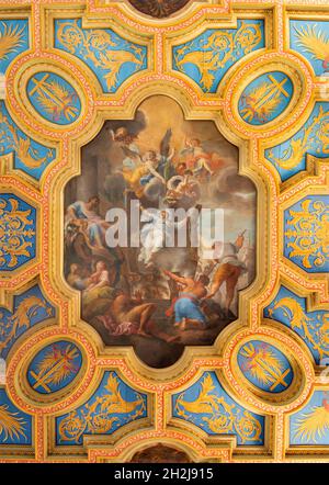 ROMA, ITALIA - 2 SETTEMBRE 2021: Affresco di Martirdom di Sant'Anastasia di Sirmio sul soffitto della chiesa Basilica di Santa Anastasia Foto Stock