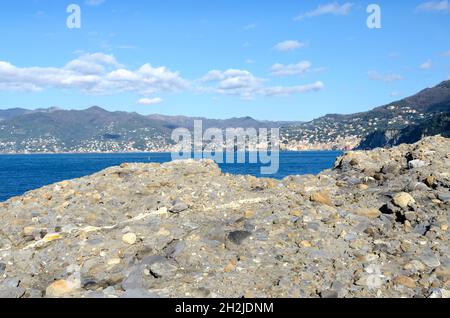 Punta Chiappa, tratto di costa del promontorio Portofino a Genova in Liguria Foto Stock