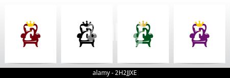 Seduta su un trono con logo Crown Letter Design F. Illustrazione Vettoriale