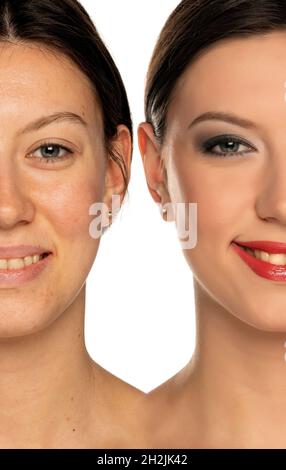 Ritratto comparativo di una donna senza e con trucco su sfondo bianco Foto Stock