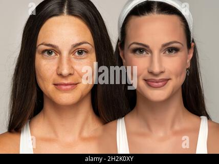 Ritratto comparativo di una donna senza e con trucco su sfondo grigio Foto Stock