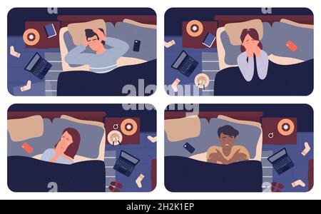 Persone stanche con insonnia e depressione di notte illustrazione vettoriale. Cartoon insonnia donna uomo personaggi sdraiati su cuscino sotto coperta, persone tristi piangendo da stress e problemi di sfondo Illustrazione Vettoriale