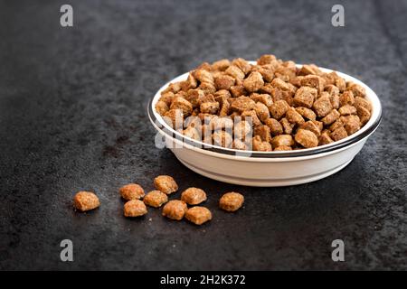 Asciugare gli alimenti per animali domestici in un recipiente in ceramica bianca su sfondo nero con spazio per la copia Foto Stock
