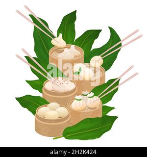 Set di gnocchi al vapore dim sum. Illustrazione vettoriale di dim sum, baozi, mantou, momo, khinkali. Cucina asiatica servita in cesti di vaporiera di bambù con truppa Illustrazione Vettoriale