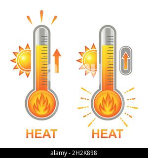 Termometro caldo con fiamma, temperatura elevata, icona di surriscaldamento estremo. Lampadina al mercurio in vetro con sole. Clima estivo caldo. Indicatore di temperatura. Vettore Illustrazione Vettoriale