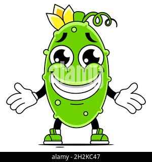Illustrazione vettoriale divertente cetriolo personaggio cartoon in una cornice rotonda con parole scritte a mano cetriolo Illustrazione Vettoriale