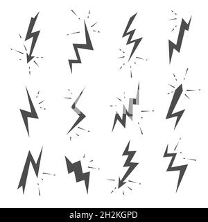 Set di icone fulmini. Bulloni inferiori, tensione, elettricità, lampeggio e segnali di alimentazione Illustrazione Vettoriale