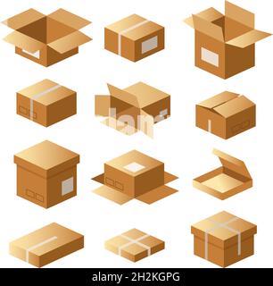 Set di scatole di cartone, confezione di cartone, spedizione, pacchi merci Illustrazione Vettoriale