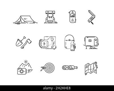Linea icone set di escursioni turismo, campeggio Illustrazione Vettoriale
